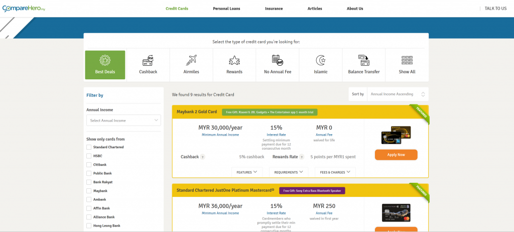 Snapshot of Credit Card Comparison on CompareHero